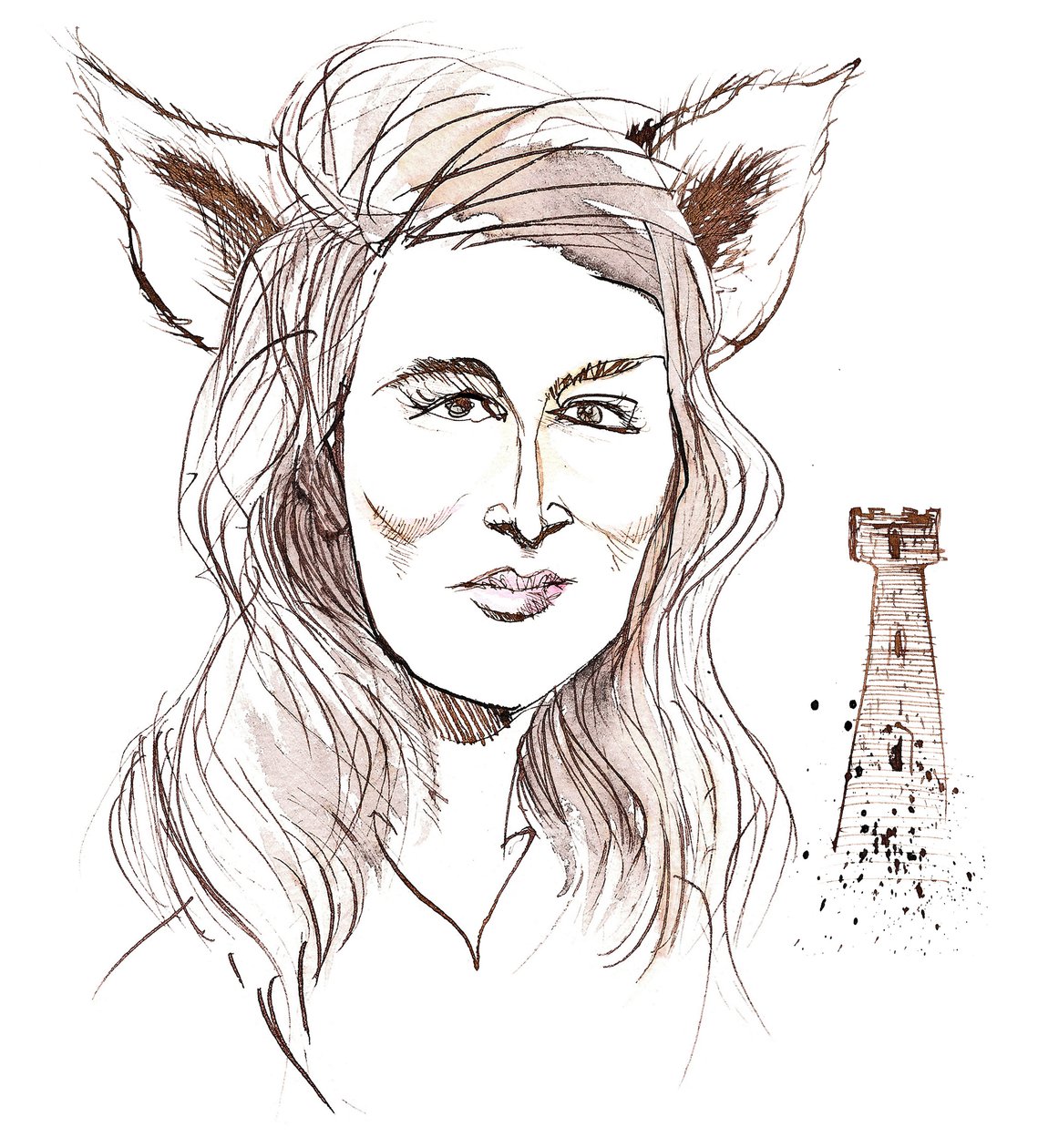 Angela Carter, escritora e jornalista inglesa; caricaturada com orelhas de lobo em referência à sua história The Company of Wolves do livro The Bloody Chamber (1979) de Neale Osborne