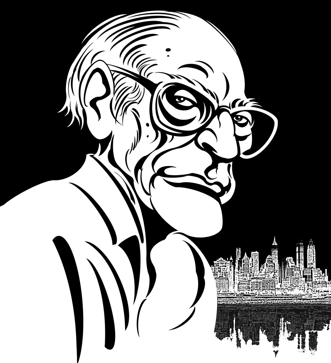 Arthur Miller, dramaturgo americano (1915-2005); caricatura em preto e branco de Neale Osborne