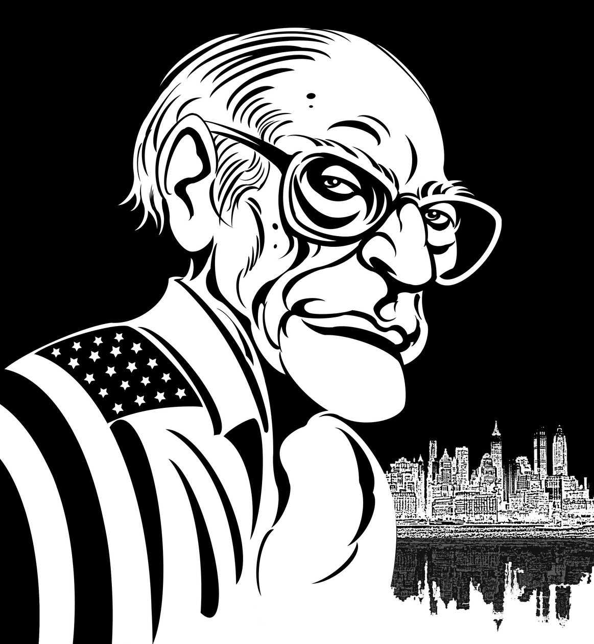 Arthur Miller, dramaturgo americano (1915-2005); caricatura em preto e branco, envolto em bandeira americana de Neale Osborne
