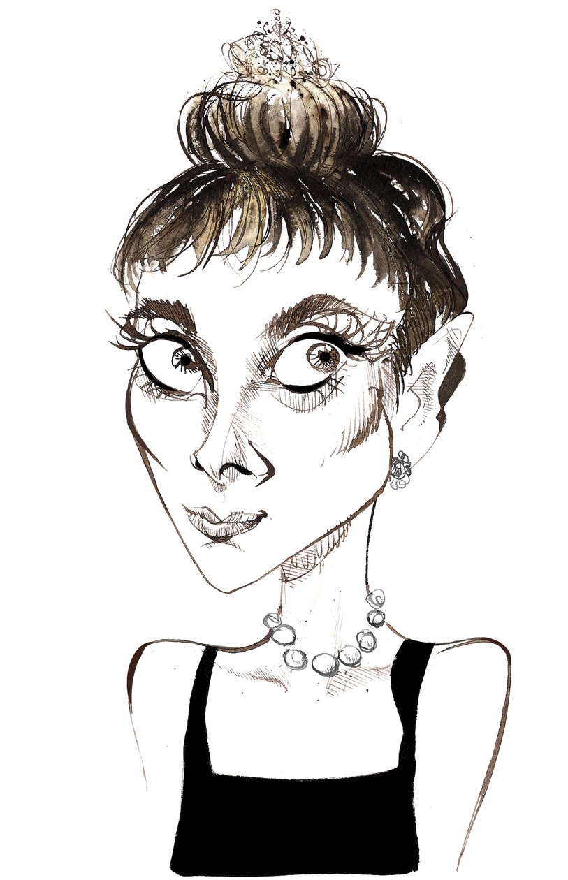 Audrey Hepburn (1929-1993) atriz nascida na Bélgica, caricatura em cores como Holly Golightly do filme de 1961 Breakfast at Tiffanys (dirigido por Blake Edwards) de Neale Osborne