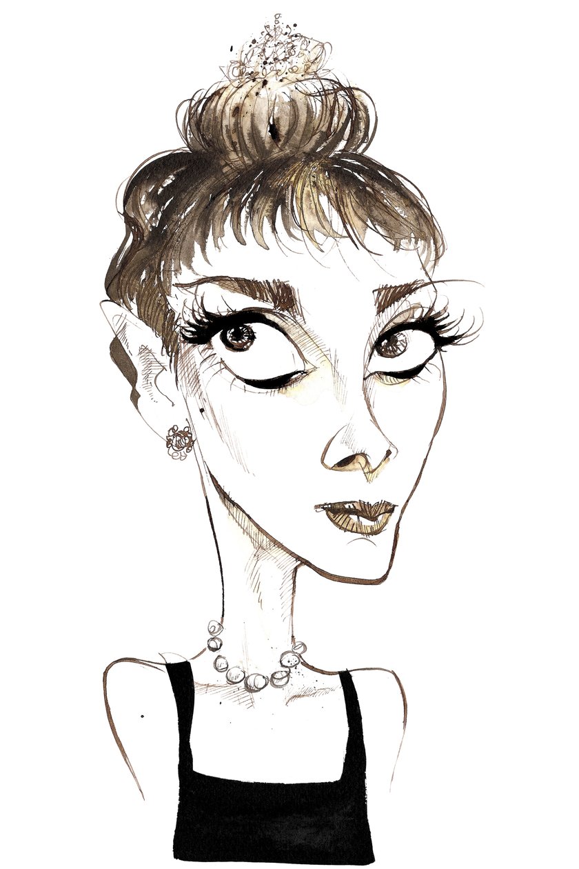 Audrey Hepburn (1929-1993) atriz nascida na Bélgica, caricatura em cores como Holly Golightly do filme de 1961 Breakfast at Tiffanys (dirigido por Blake Edwards) de Neale Osborne