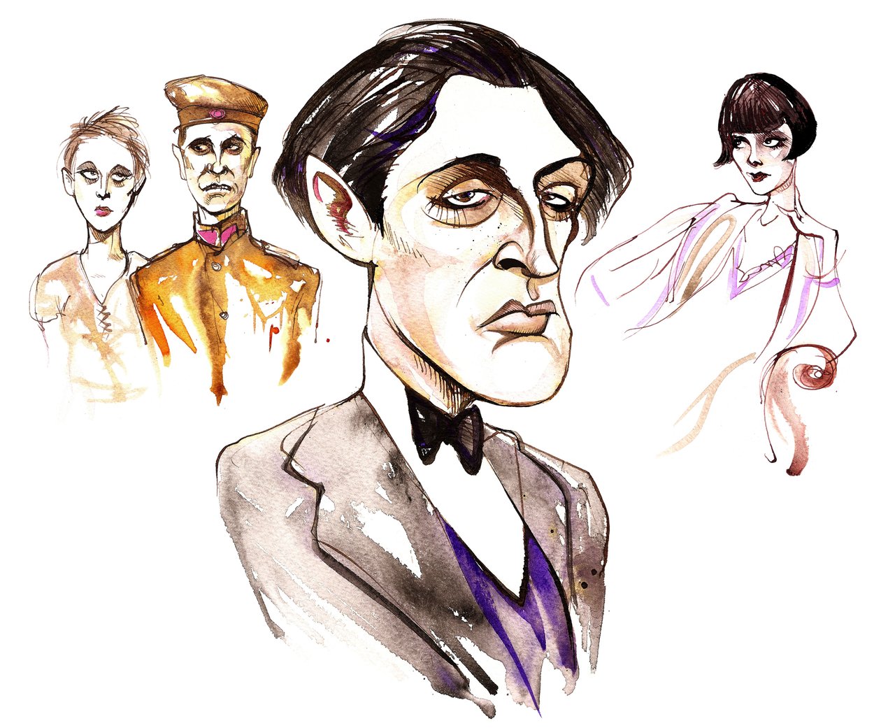 Compositor austríaco Alban Berg (1885-1935); caricaturado com personagens de suas duas óperas: Wozzeck de 1925 e Lulu de 1935 de Neale Osborne