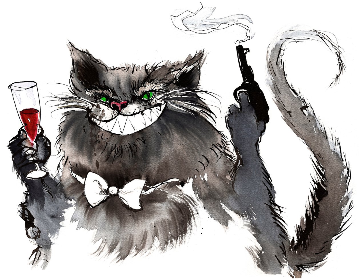 Behemoth com o personagem de gato gigante pistola de O Mestre e Margarita por Mikhail Bulgakov (dramaturgo e autor russo, 1891-1940); tinta e aquarela, 2015 de Neale Osborne