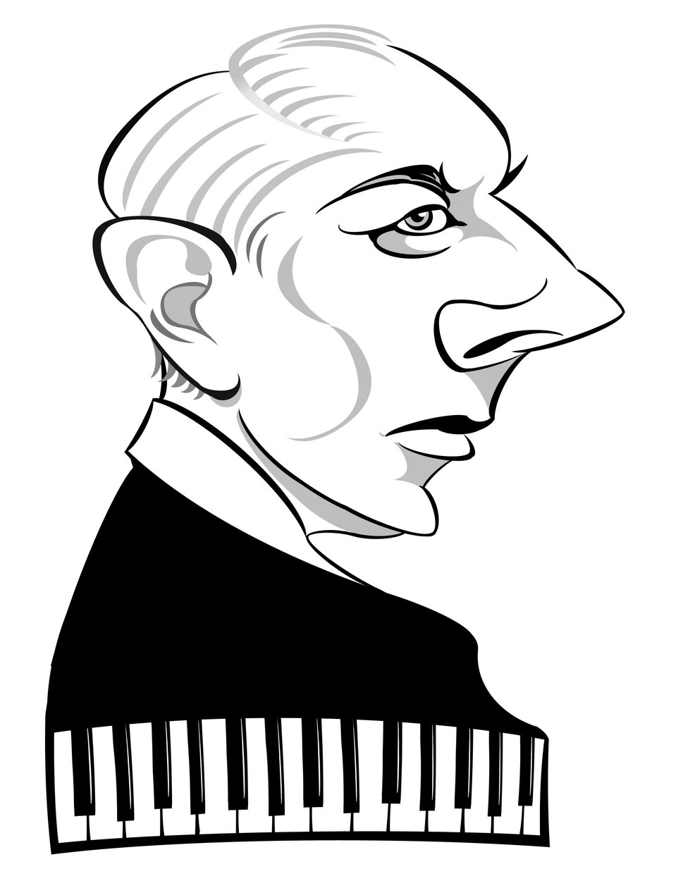 Bela Bartok - compositor e pianista húngaro (1881-1945); caricatura em preto e branco de Neale Osborne