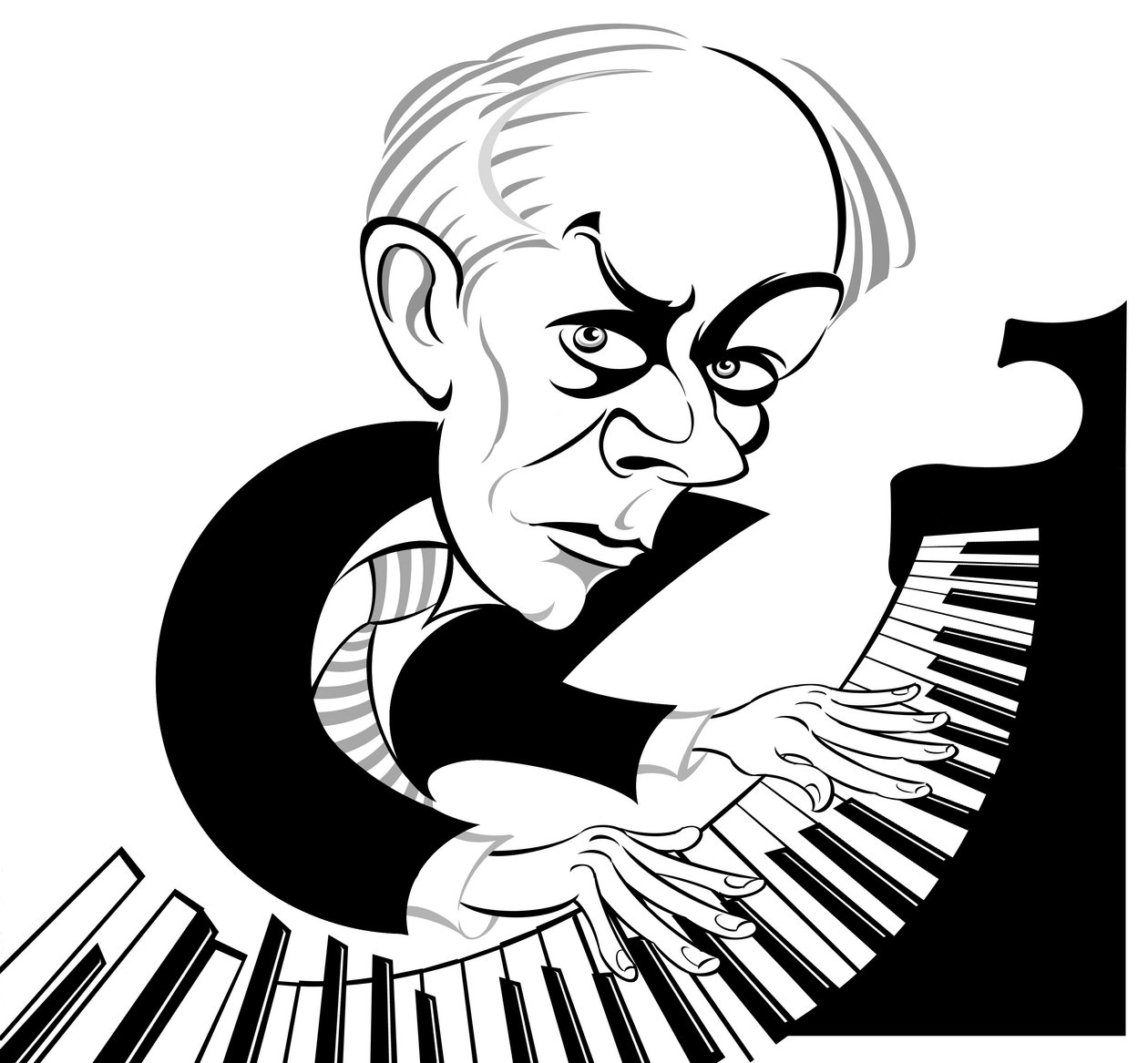 Bela Bartok compositor e pianista húngaro (1881 - 1945); caricatura preto e branco no piano de Neale Osborne