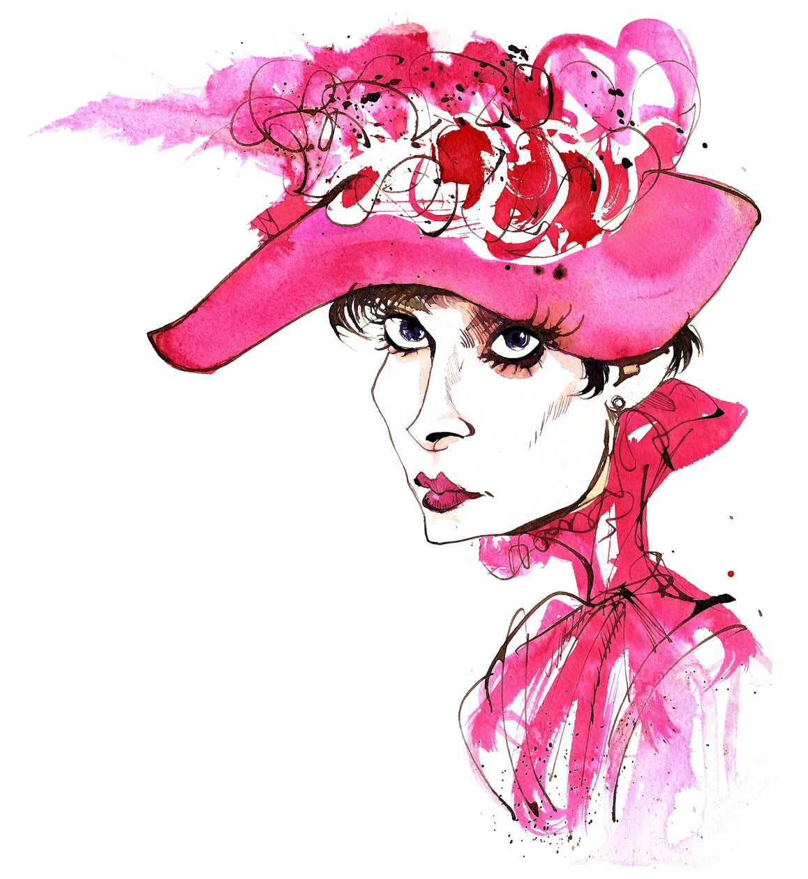 A atriz de origem belga Audrey Hepburn (1929-93) nasceu Eda Van Heemstra; caricaturada como Eliza Doolittle de My Fair Lady (filme de 1964, dirigido por George Cukor); caricatura de Neale Osborne