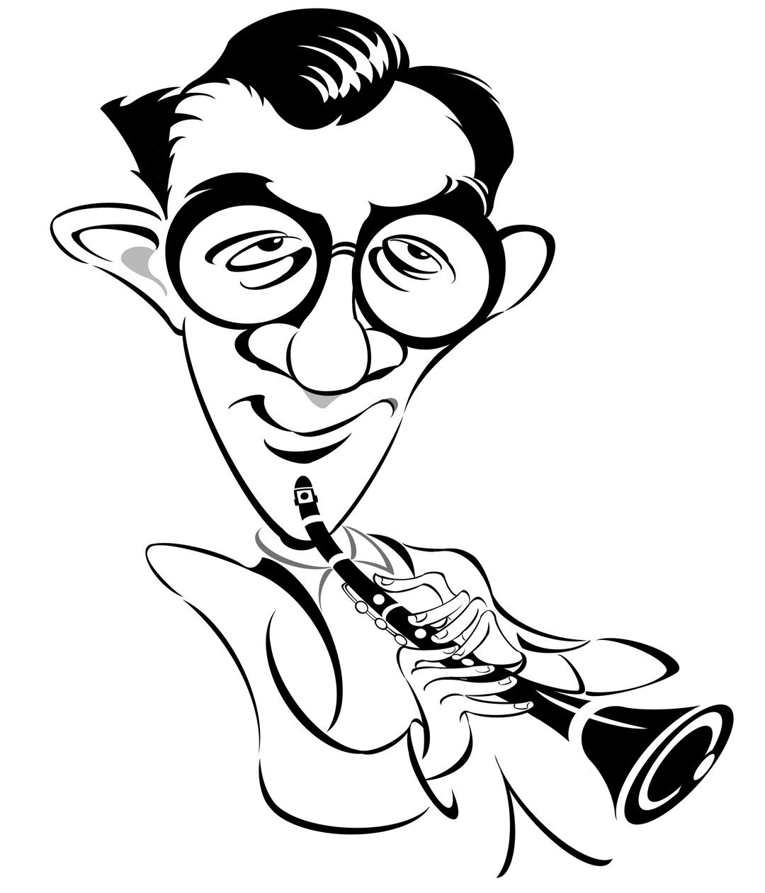 Benny Goodman - músico de jazz e swing americano, clarinetista e líder de banda, conhecido como The King of Swing (1909 - 1986); caricatura de Neale Osborne