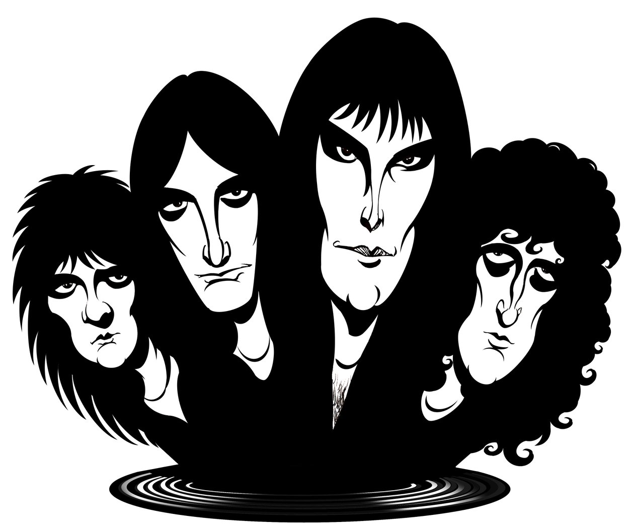 Banda de rock britânica formada em 1971; caricaturado da esquerda para a direita: Roger Taylor (baterista, vocalista, 26 de julho de 1949 - de Neale Osborne