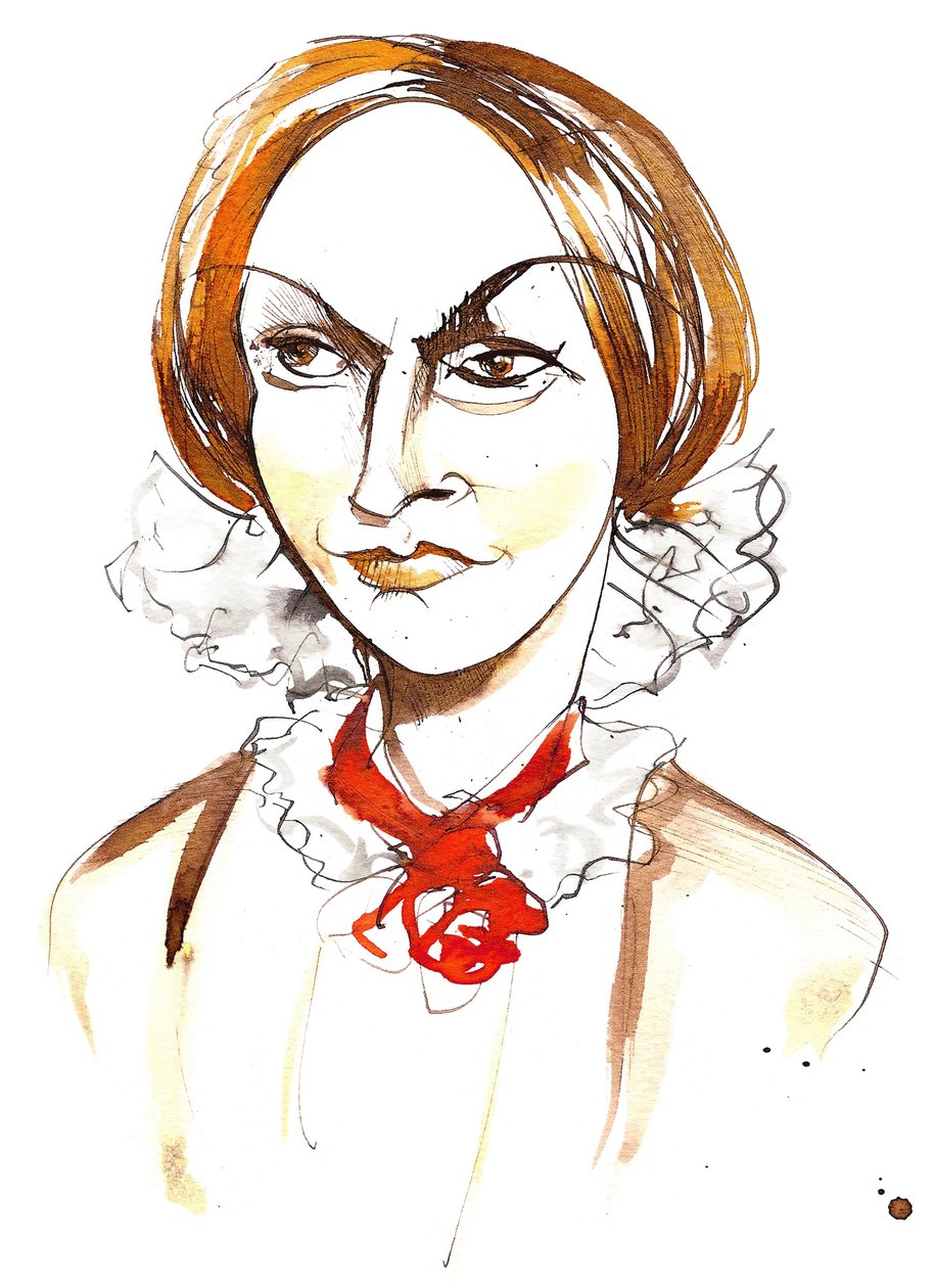 Charlotte Bronte - escritora e poeta inglesa (1816 - 1855); caricatura de cores de Neale Osborne