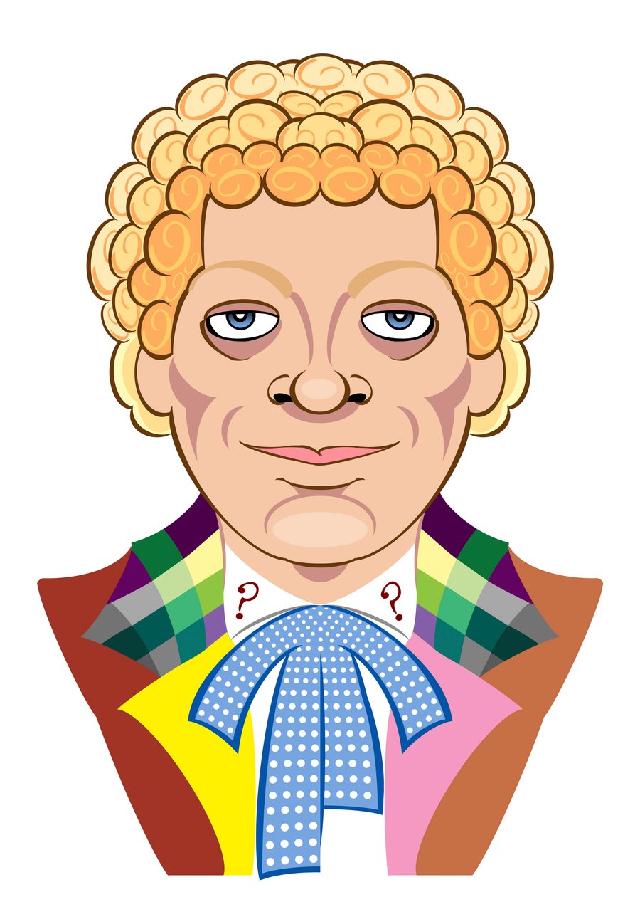 Colin Baker como Doctor Who - caricatura de Neale Osborne