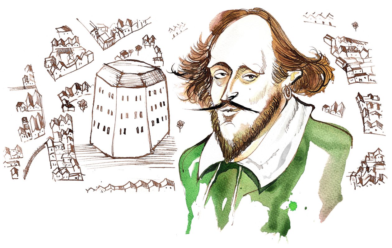 Dramaturgo e poeta inglês William Shakespeare (1564-1616); caricatura de Neale Osborne