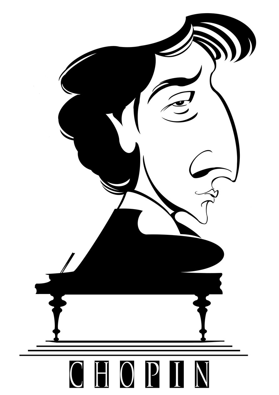 Frederic Chopin, francês - polonês nascido compositor e pianista (1810-49), bw caricatura gráfica com piano de Neale Osborne