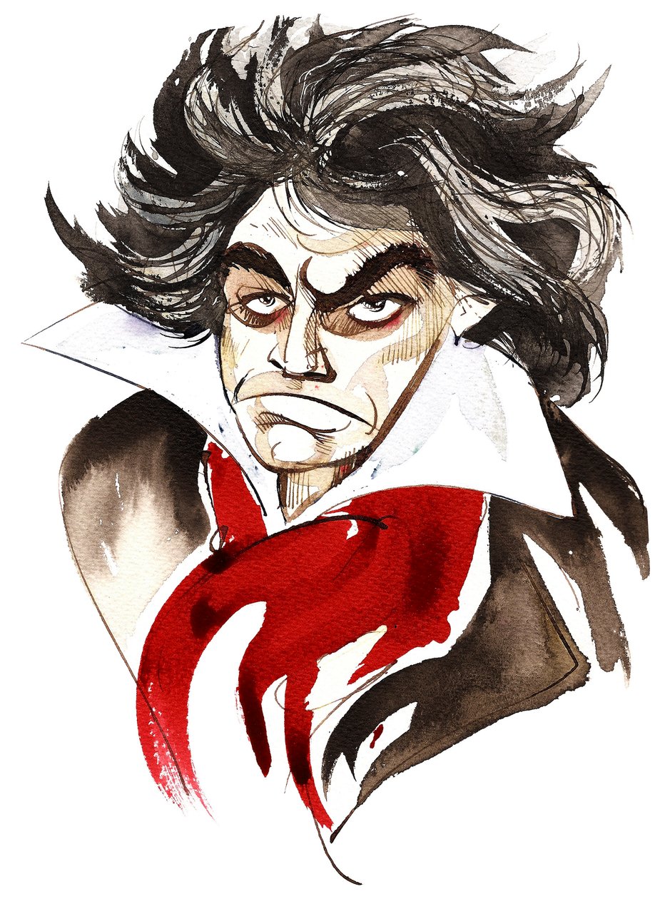 O compositor alemão Ludwig van Beethoven (1770-1827); caricatura de Neale Osborne