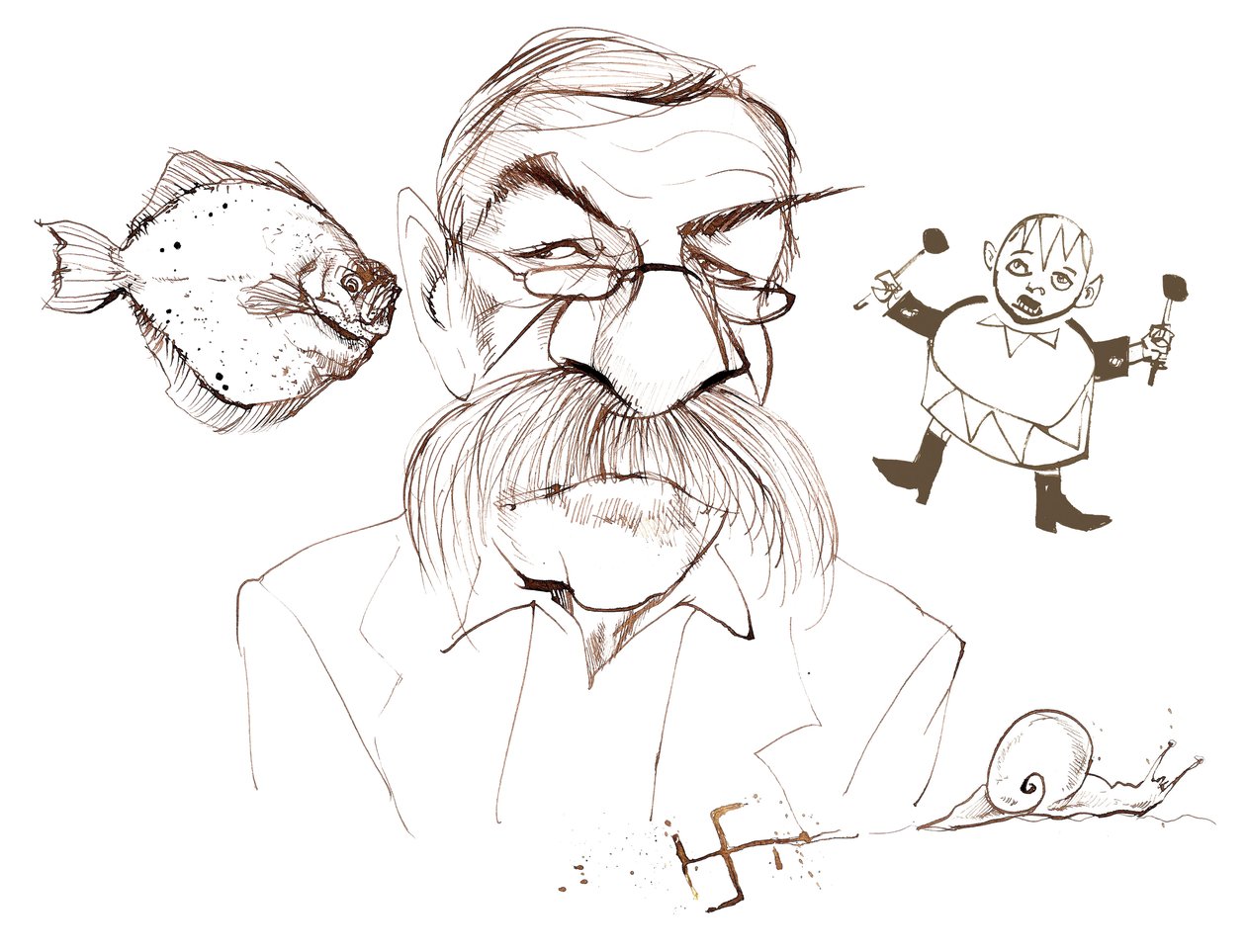 Günter Grass, romancista alemão, poeta, dramaturgo e artista; caricaturado com referências a seus livros: The Flounder - Der Butt (romance de 1977); Do Diário de um Caracol - Aus dem Tagebuch einer Schneke ( de Neale Osborne