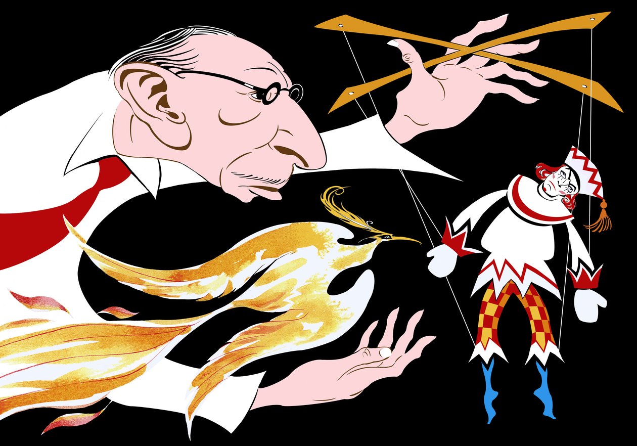 Igor Stravinsky - caricatura do russo com um pássaro de fogo e Petruskha do balé O pássaro de fogo 17 de junho de 1882 - 6 de abril de 1971 de Neale Osborne