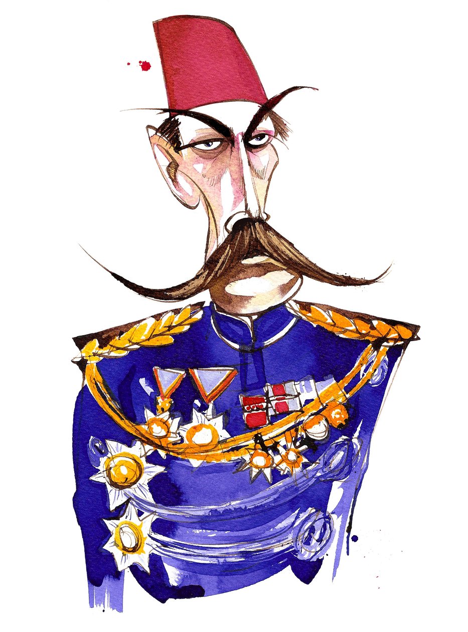 Nascido na Irlanda, Marechal de Campo Britânico, Primeiro Conde Kitchener, caricatura de cor em uniforme e fez de Neale Osborne