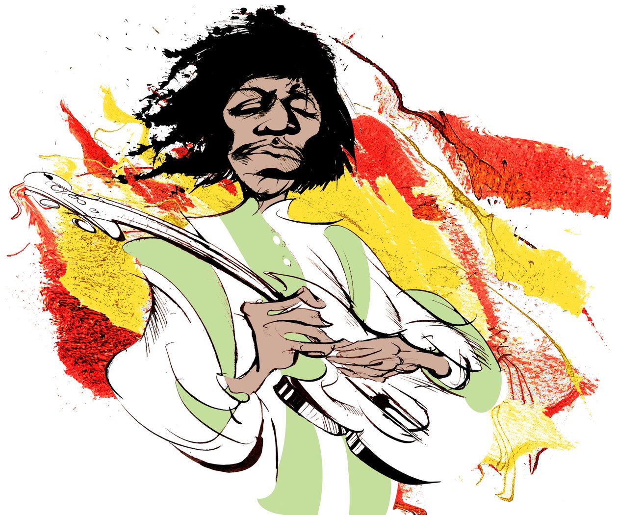 Jimi Hendrix, guitarrista norte-americano (1942-70), caricatura colorida de Neale Osborne