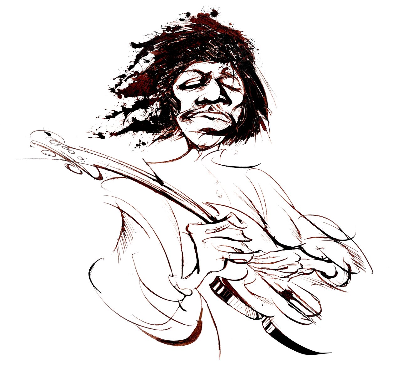 Jimi Hendrix, guitarrista americano (1942-70), caricatura em linha sépia de Neale Osborne