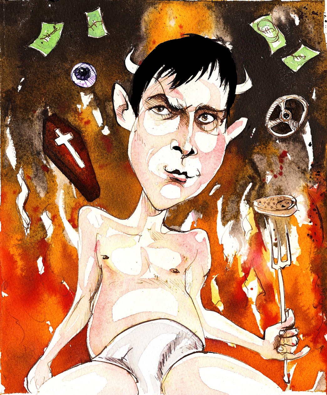 Joe Orton, escritor e dramaturgo inglês; caricatura com referência a suas peças Entertaining Mr Sloane (de 1964) e Loot (de 1965) de Neale Osborne