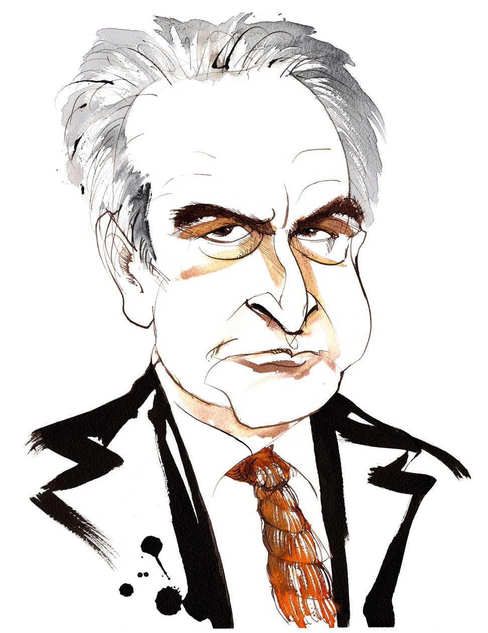 John Banville, romancista irlandês e roteirista; escritor de crime sob o pseudônimo de Benjamin Black; caricatura com gravata de laço de Neale Osborne