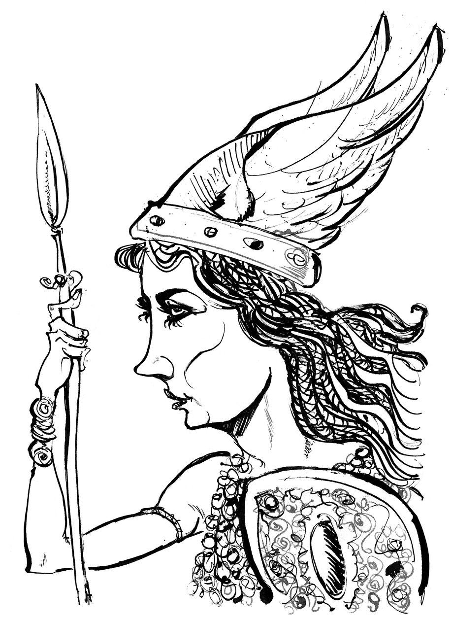 Kirsten Flagstad como Brünnhilde da ópera Die Walküre de Richard Wagner (compositor alemão de 1813-83); caricatura em preto e branco de Neale Osborne