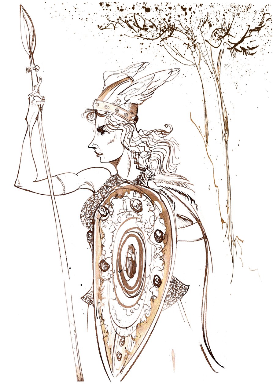 Kirsten Flagstad como Brünnhilde da ópera Die Walküre de Richard Wagner (compositor alemão de 1813-83); caricatura sépia de Neale Osborne
