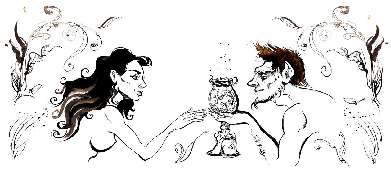 Margarita encontrando o homem de pernas de cabra de O Mestre e Margarita por Mikhail Bulgakov (dramaturgo e autor russo, 1891-1940); desenho a tinta, 2015 de Neale Osborne