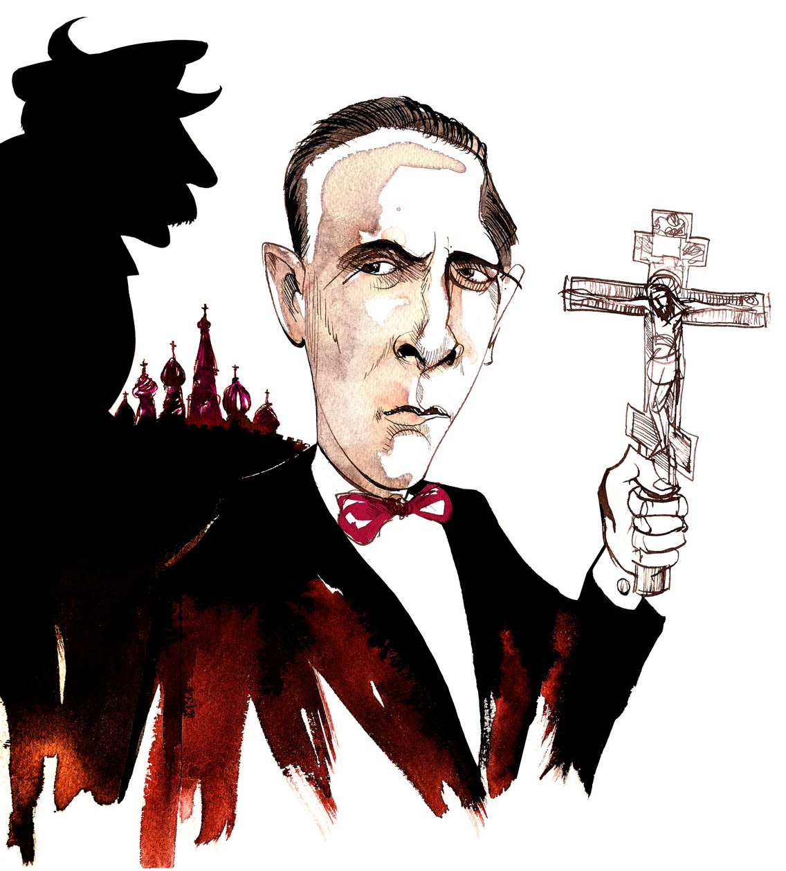 Mikhail Bulgakov, escritor e dramaturgo russo; caricaturado à sombra do ditador Joseph Stalin, com um crucifixo em referência ao romance de Bulgakovs The Master and Margarita (de 1928-40) de Neale Osborne