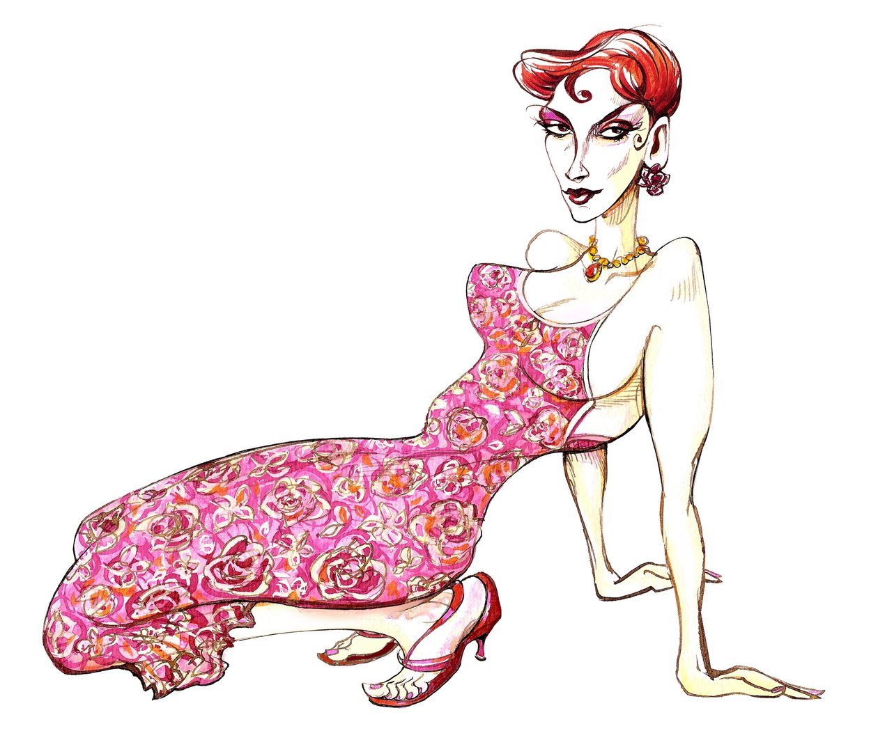 Modelo em um vestido floral rosa de Neale Osborne