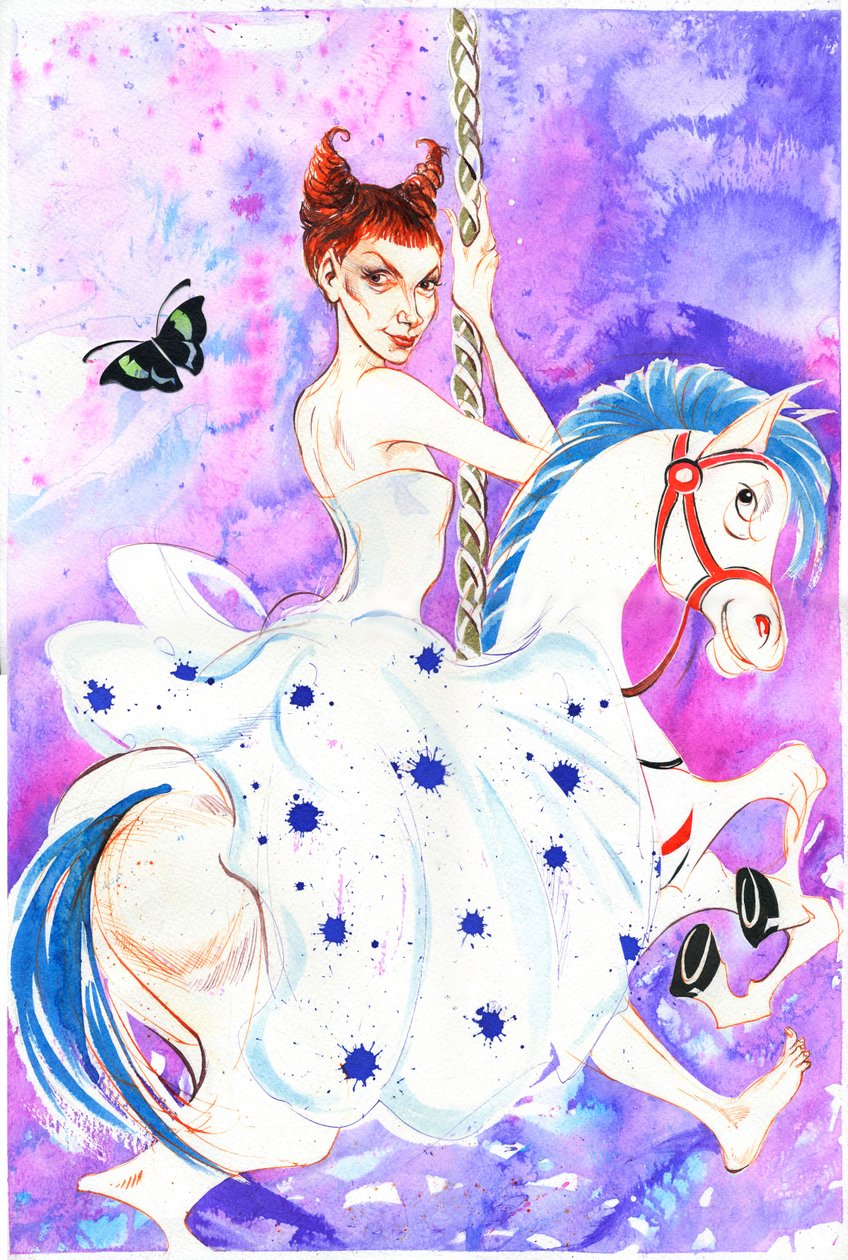 Patricia Petibon - caricatura da cantora de ópera francesa (soprano) em um cavalo de carrossel de Neale Osborne