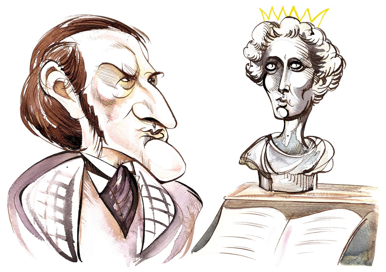 Richard Wagner - caricatura do compositor alemão com um busto do Mad King Ludwig II da Baviera (1845-86) de Neale Osborne