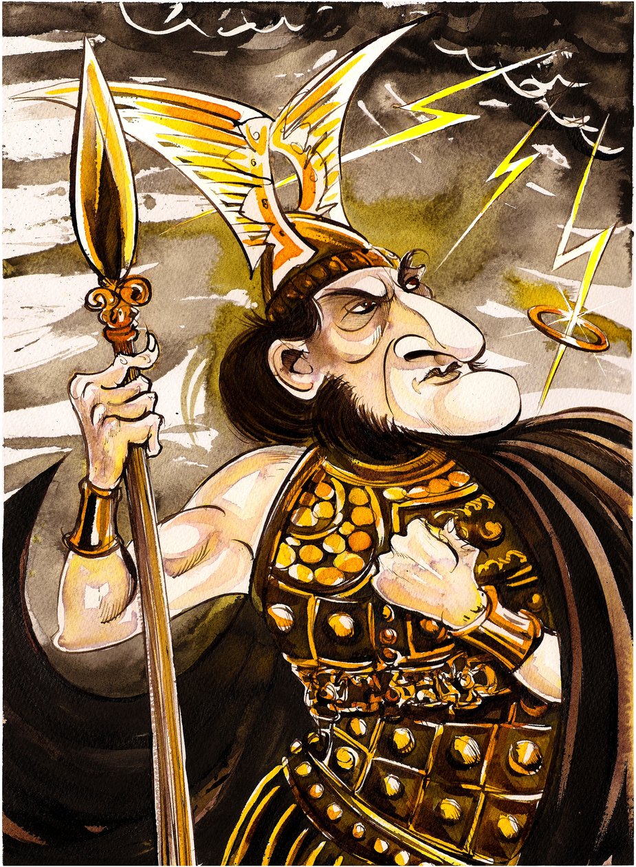 Richard Wagner como Wotan - caricatura como governante dos deuses no ciclo de ópera do Anel do Nibelungo (1876) de Neale Osborne