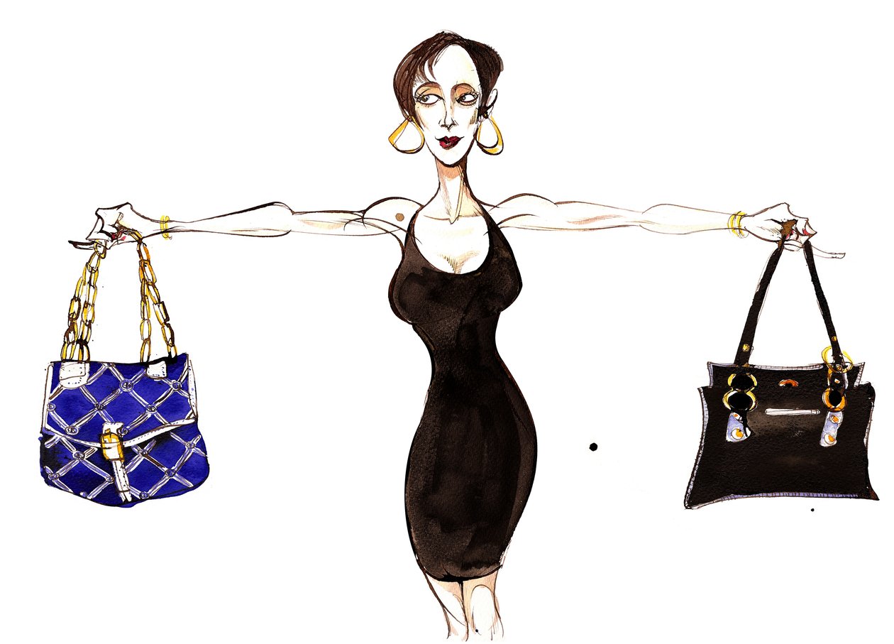 Signs of the Zodiac: Libra balanceamento de bolsas de uma série de caricaturas de moda, uma para cada signo do zodíaco de Neale Osborne