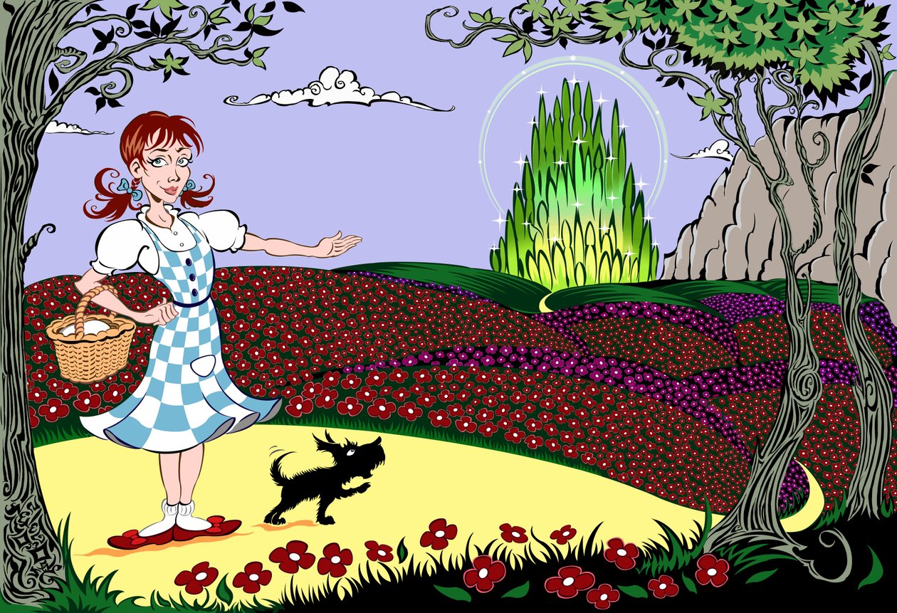 O Maravilhoso Mágico de Oz: Dorothy e Toto na Estrada de Tijolos Amarelos a caminho da Cidade das Esmeraldas de Neale Osborne