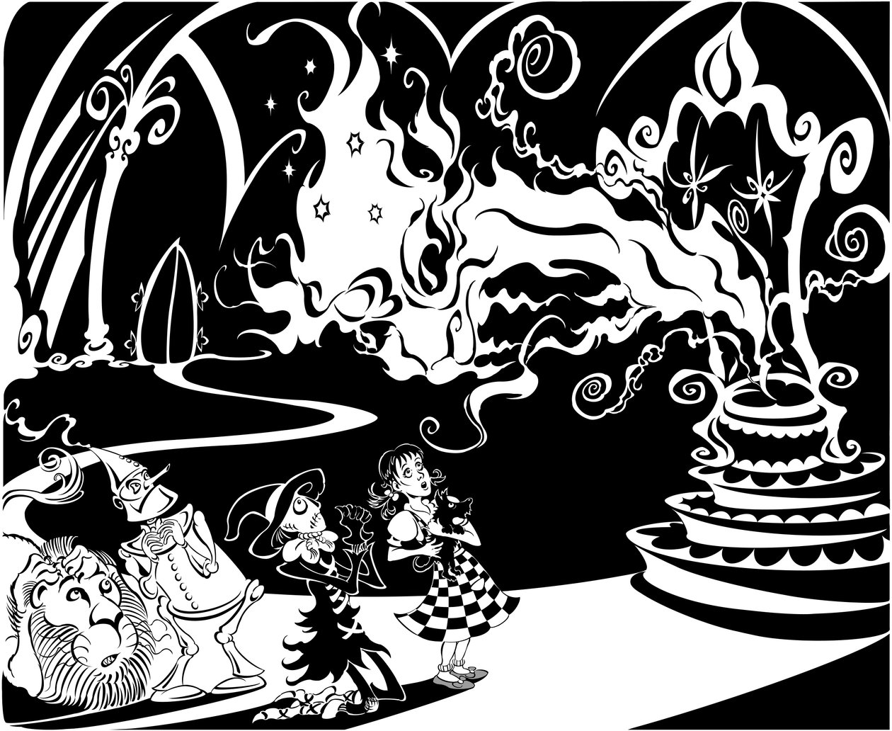 O Maravilhoso Mágico de Oz: O Grande Oz, falando com Dorothy, o Espantalho, o Homem de Lata, o Leão e o Totó de Neale Osborne