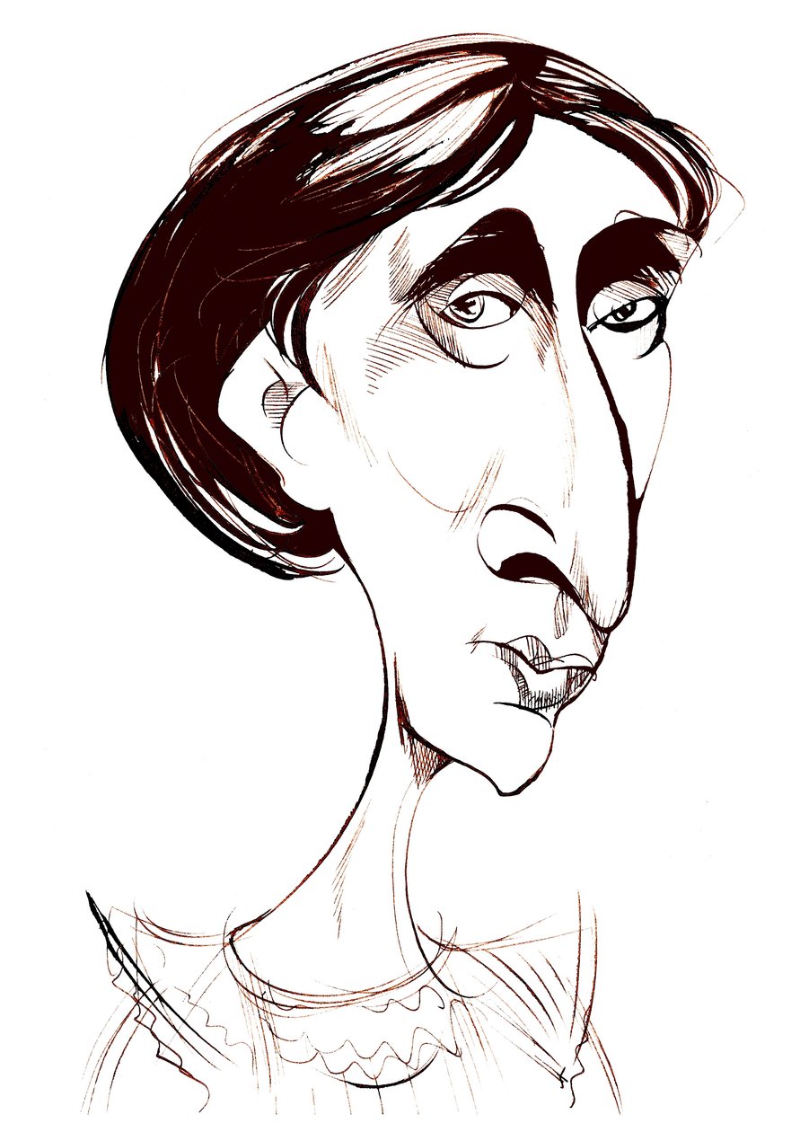 Virginia Woolf, caricatura de tinta sépia de romancista inglesa de Neale Osborne