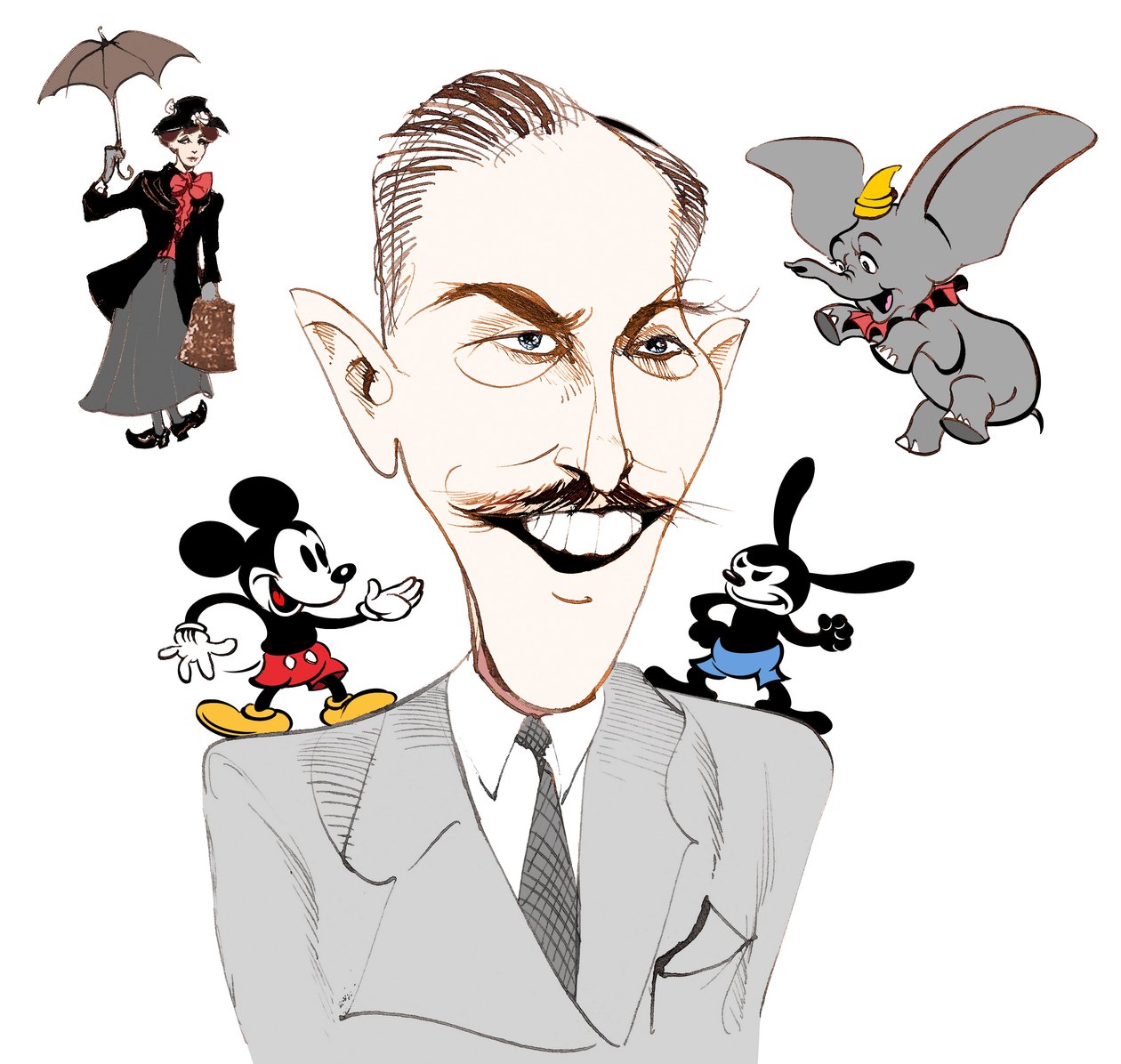 Walt Disney, produtor de cinema americano, magnata de negócios, cartunista e animador; Caricaturado com Mary Poppins de Neale Osborne