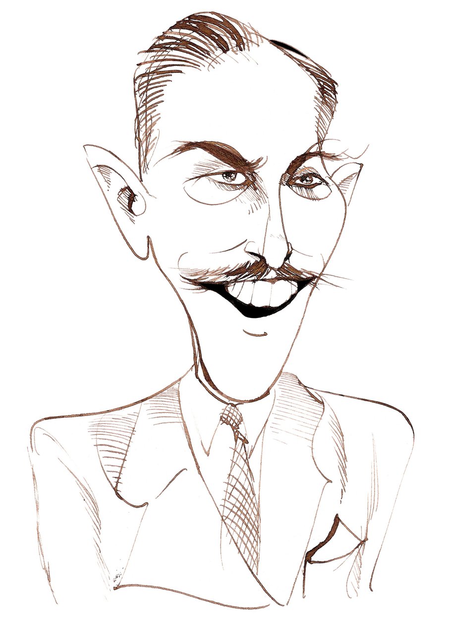 Walt Disney, produtor de cinema americano, magnata de negócios, cartunista e animador; caricatura de Neale Osborne