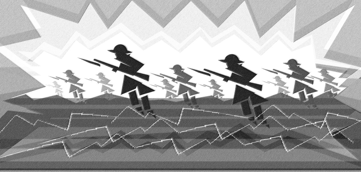 Soldados da Primeira Guerra Mundial com baionetas - emergindo de trincheiras de Neale Osborne