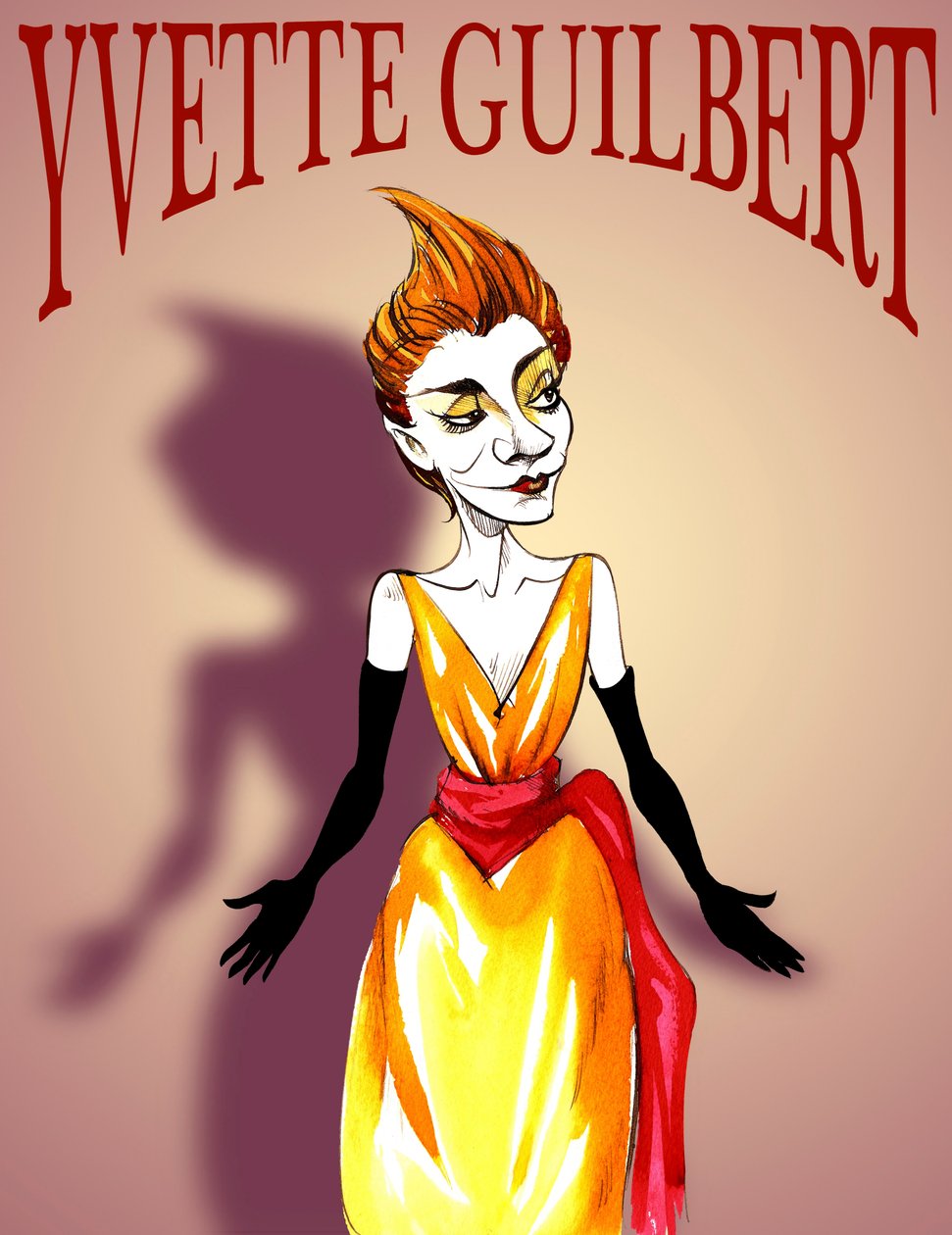 Yvette Guilbert, atriz francesa e cantora de cabaré, (1867 - 1944) caricatura, com letras no estilo de um pôster da belle epoque de Neale Osborne