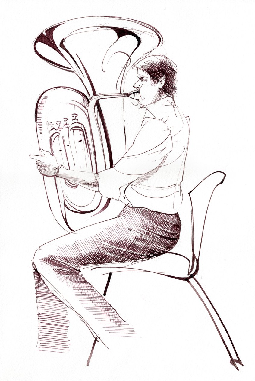 Jogador de tuba - desenho a tinta de um músico tocando de Neale Osborne