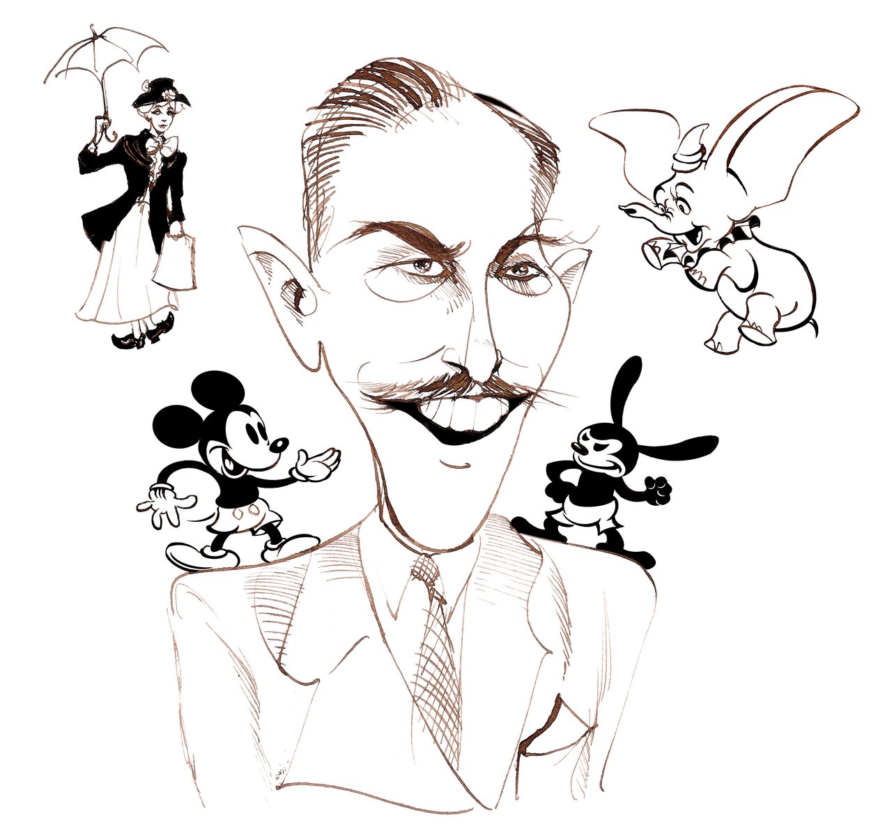 Walt Disney, produtor de cinema americano, magnata dos negócios, cartunista e animador; caricaturado com Mary Poppins de Neale Osborne