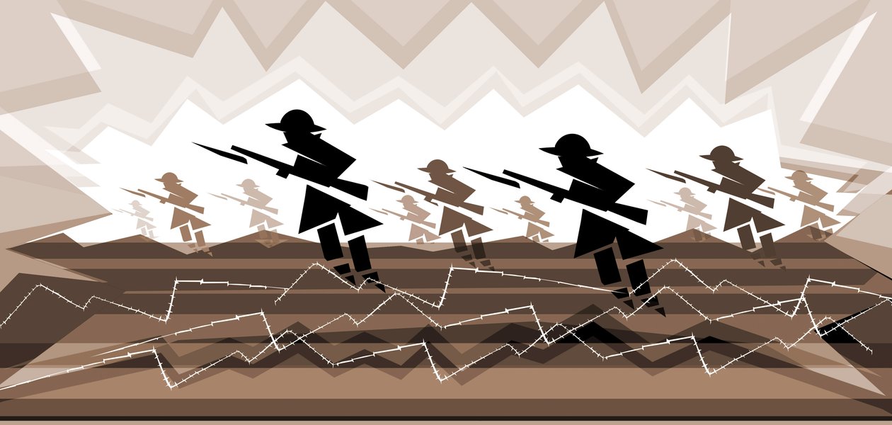 Soldados da Primeira Guerra Mundial com baionetas - emergindo das trincheiras de Neale Osborne