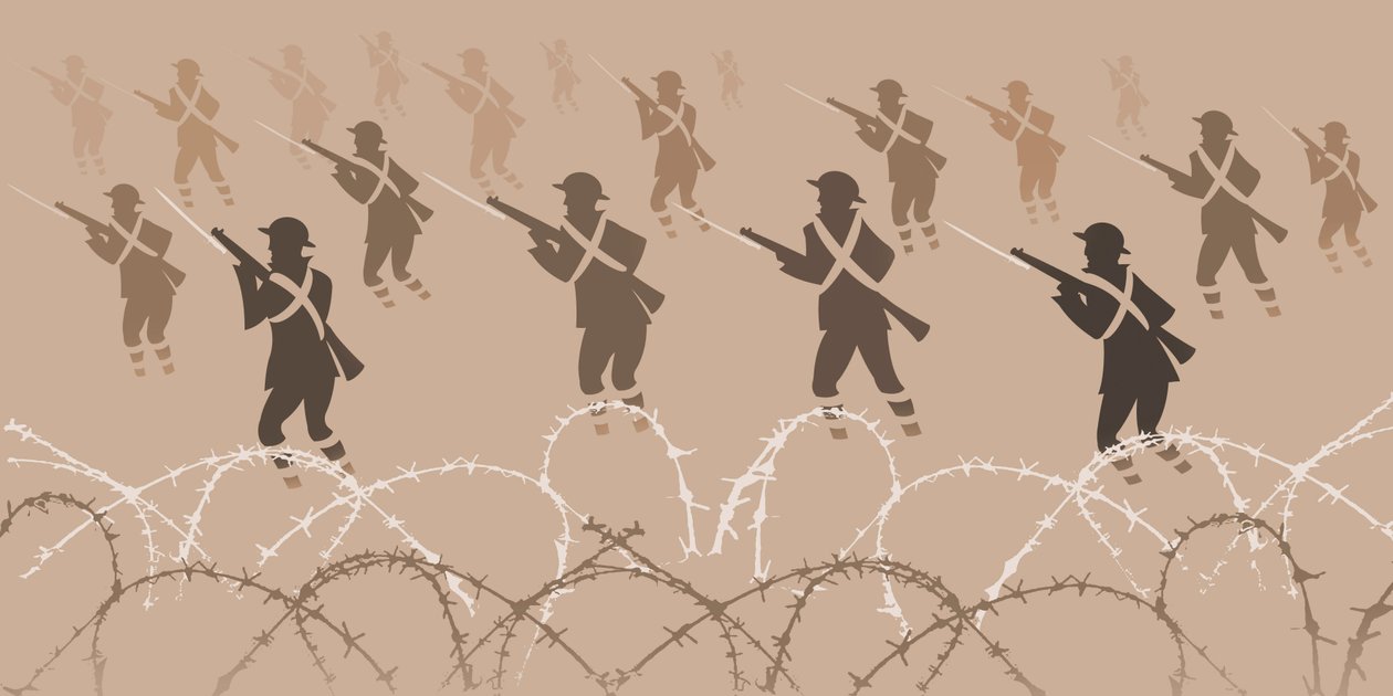 Soldados da Primeira Guerra Mundial com baionetas - emergindo das trincheiras de Neale Osborne