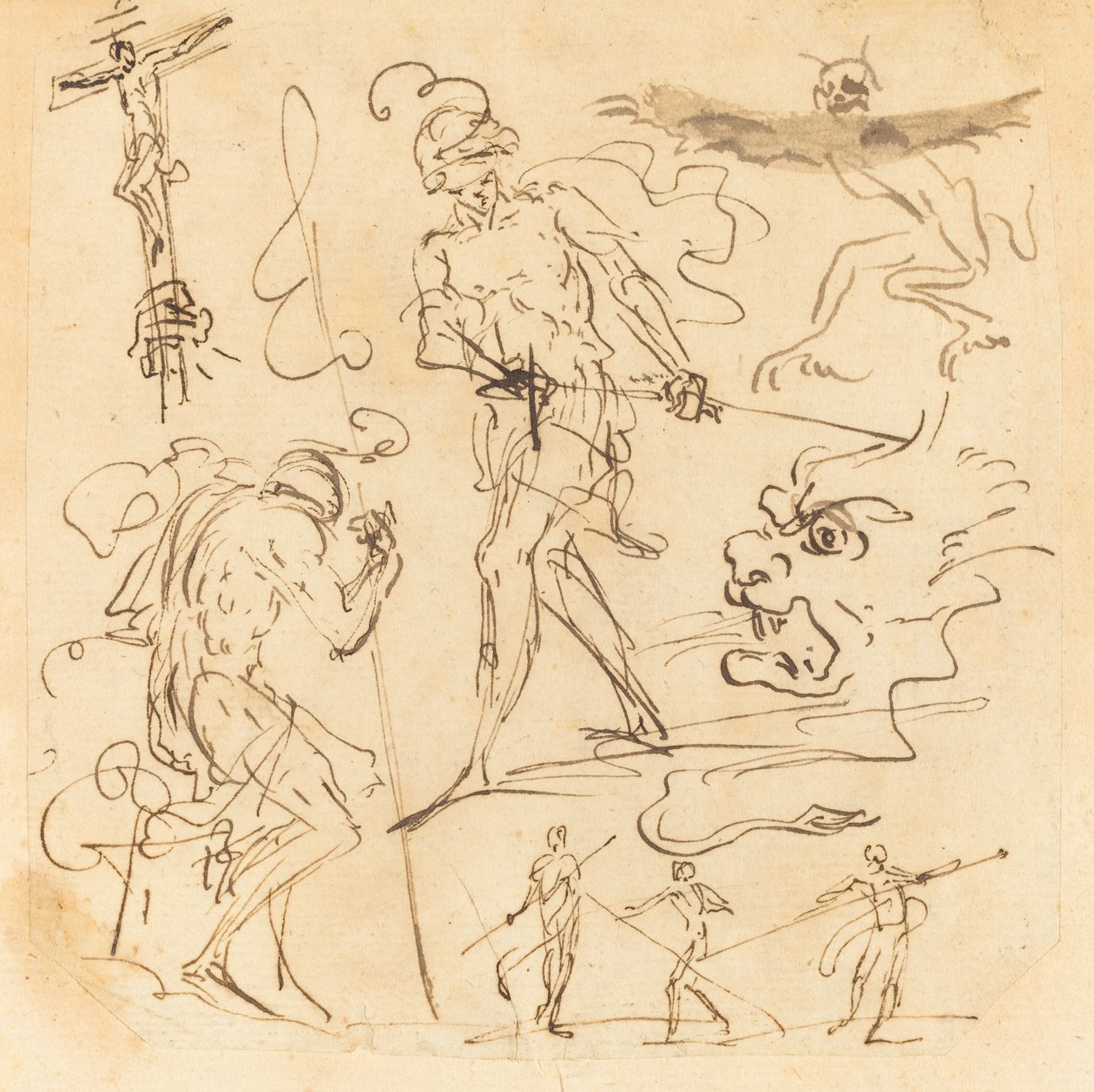 Folha de estudos com um soldado desenhando uma espada, um crucifixo, animais monstruosos e outras figuras de Neapolitan 17th Century