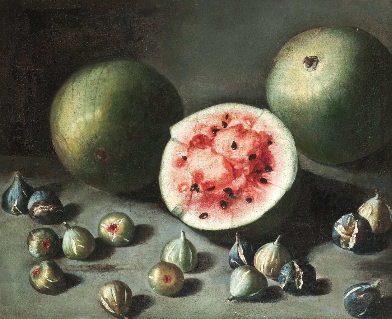 Melancias e figos em uma borda de pedra de Neapolitan School