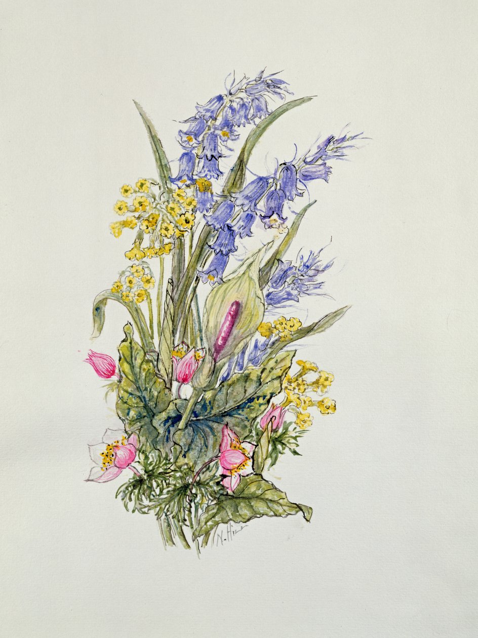 Posy do Bluebell com cowslips, dogroses e lírio de Nell Hill