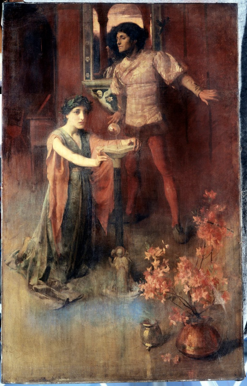 "Uma mulher ajoelha-se em frente a uma bola de cristal, um homem espera atrás dela com um misto de medo e curiosidade. Pintura de Nelly Erichsen (ativa por volta de 1882-1893) Coleção particular de Nelly Erichsen