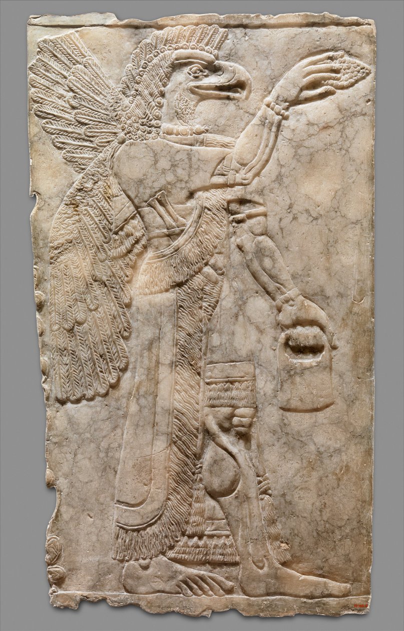 Painel de alívio de figura sobrenatural de cabeça de águia alada, c.883-59 aC (alabastro de gesso) de Neo Assyrian