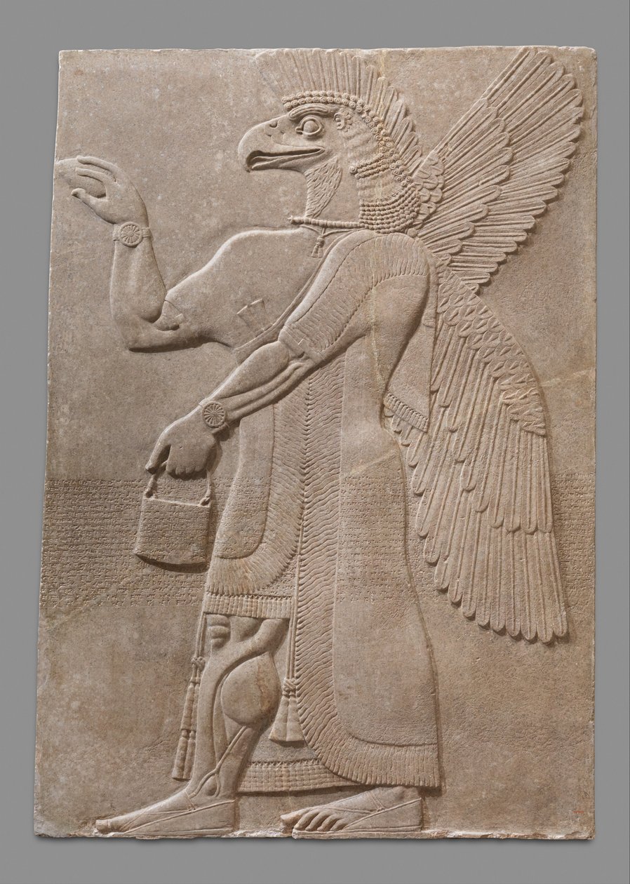 Painel de relevo da figura sobrenatural com cabeça de águia alada, c.883-59 aC (alabastro de gesso) de Neo Assyrian